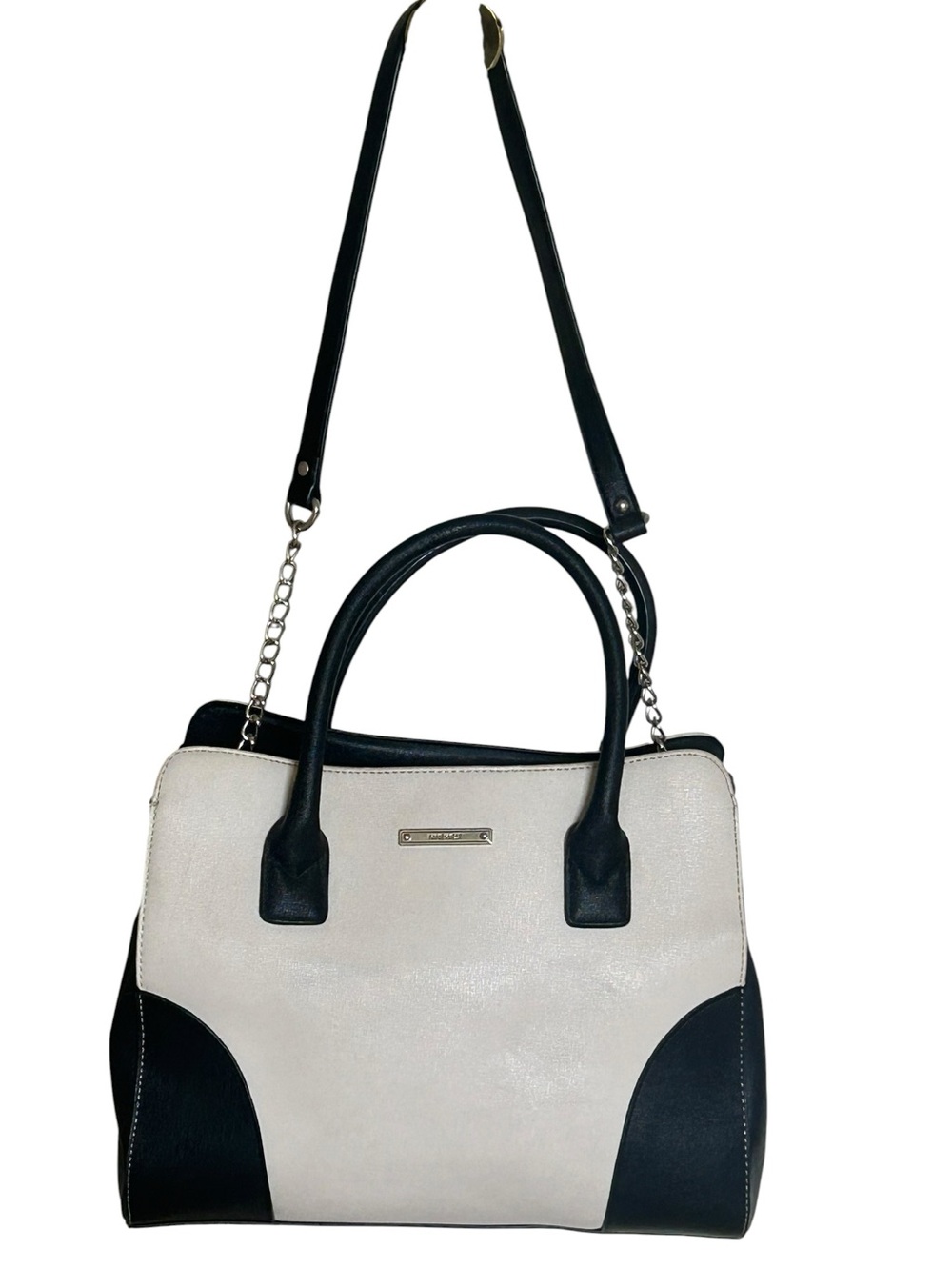 Nine West Black and Cream Color-blocked Faux Leather  Satchel Handbag Purse
